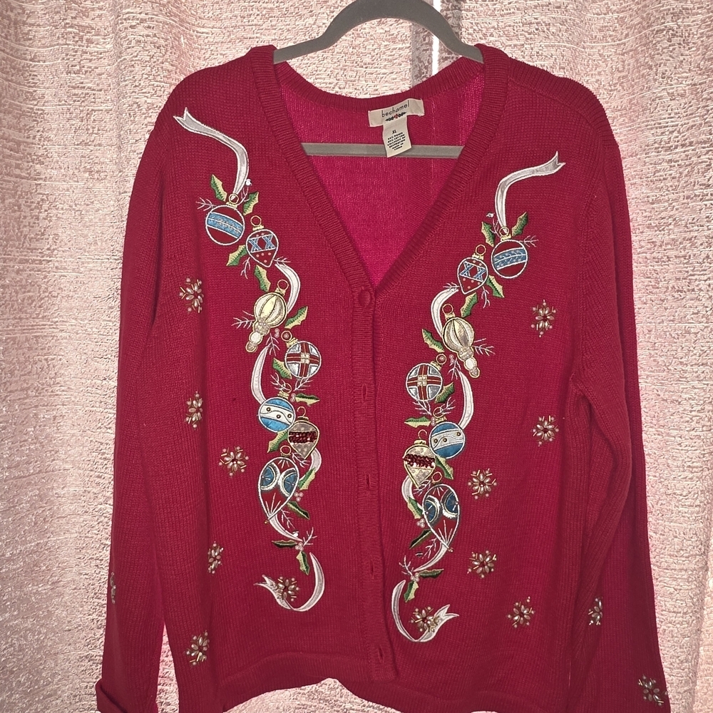 Red Cardigan with Embroidered Ornaments